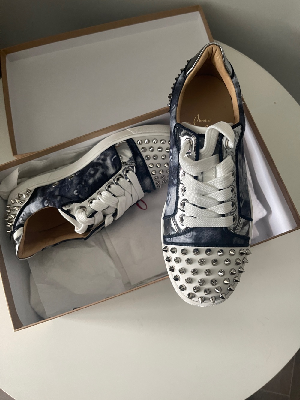 Christian Louboutin Men’s Navy Patterned and White Spike-Stud Sneakers